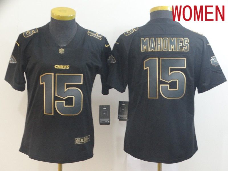Women Kansas City Chiefs #15 Mahomes Nike Vapor Limited Black Golden NFL Jerseys
